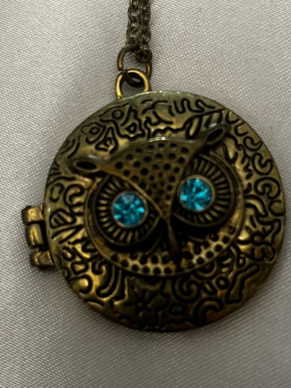 Antique Look Brass Owl Locket Necklace with Turquoise Crystal Eyes